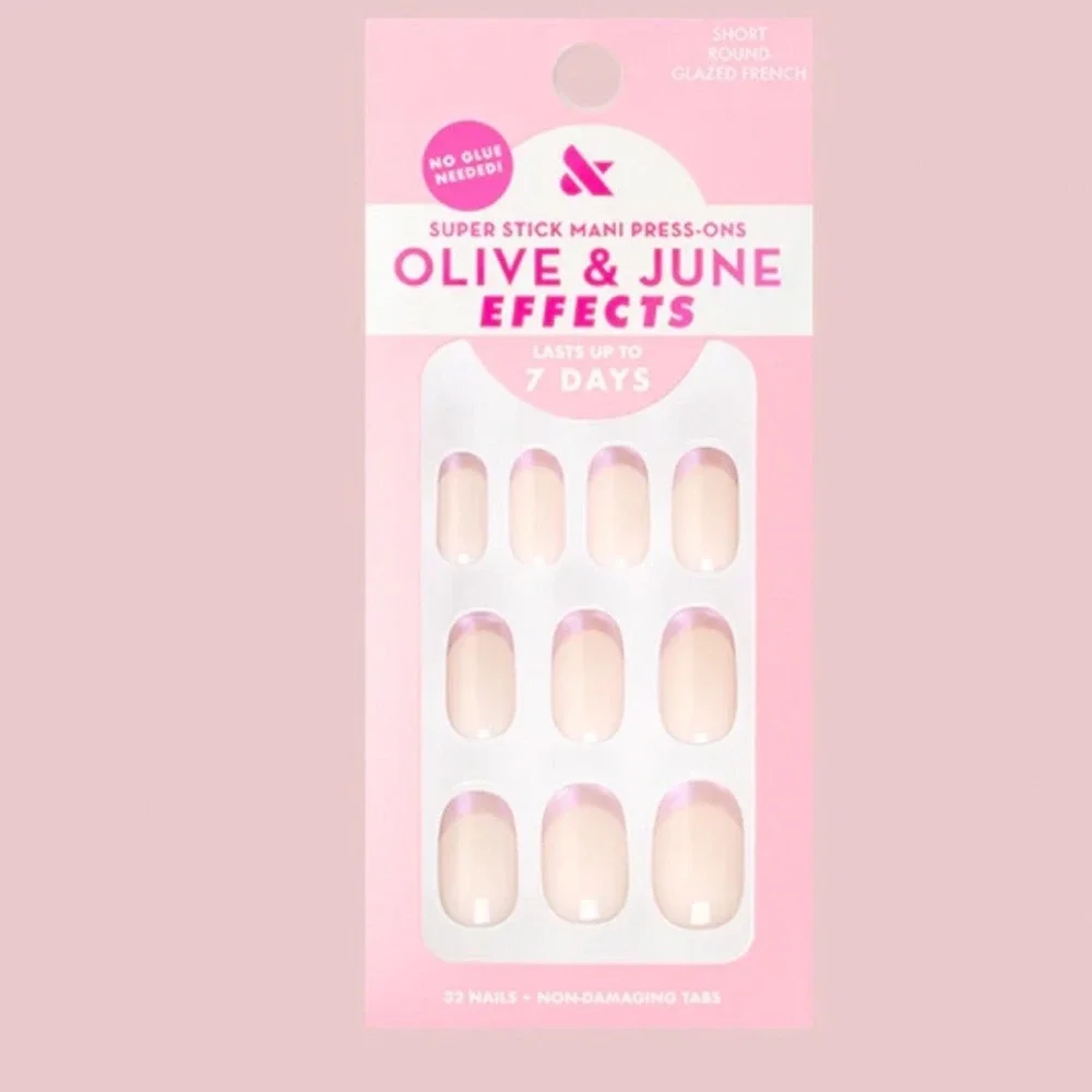 Olive & June Super Stick Mani Press On Nails Glazed French Short Round 32ct NEW